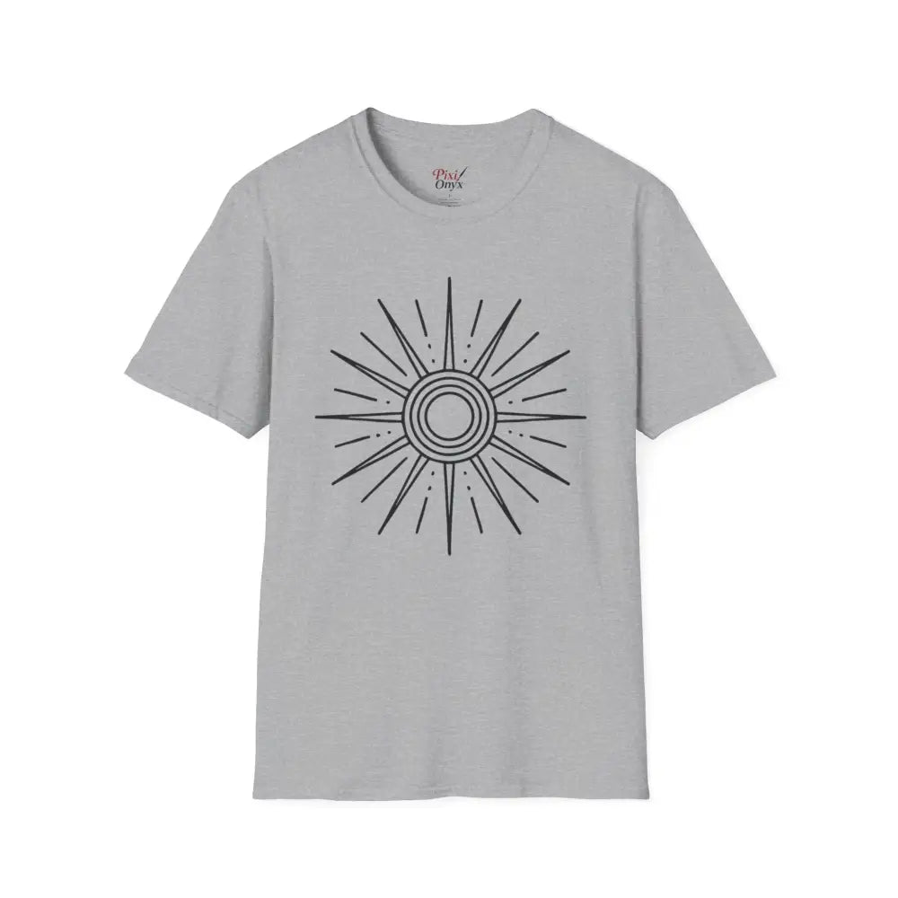 Light gray unisex softstyle T-shirt with black sunburst design, low heat care instructions
