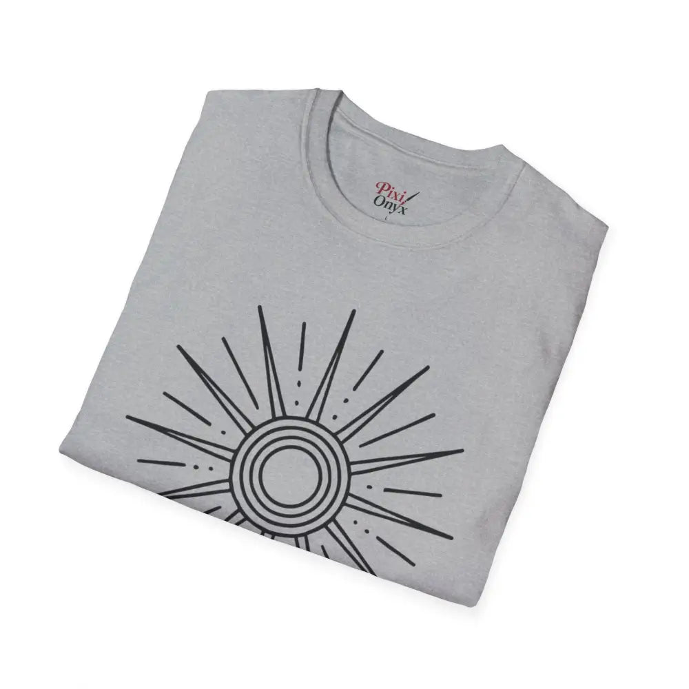 Light grey unisex softstyle T-shirt with black sun graphic, low heat care instructions