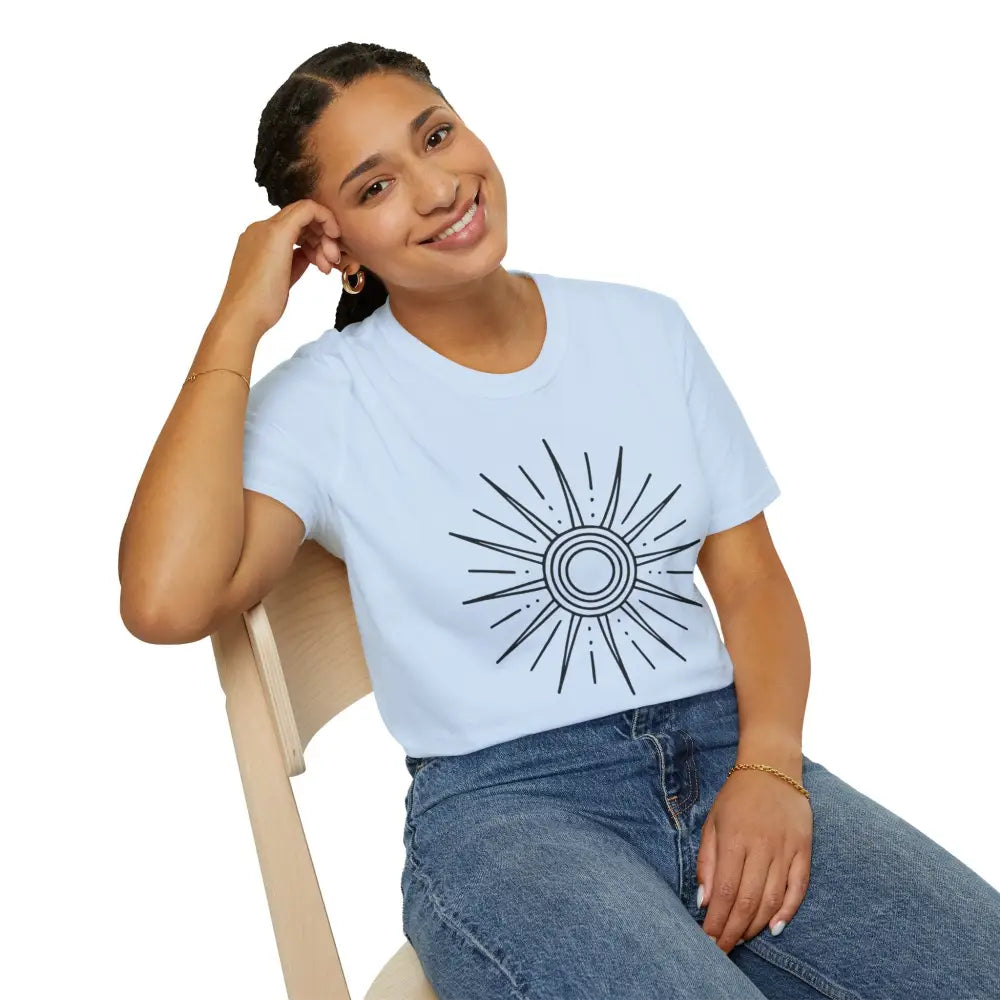 Young woman wearing a Sunshine Graphic Unisex Softstyle T-Shirt with sun design for outdoor wear