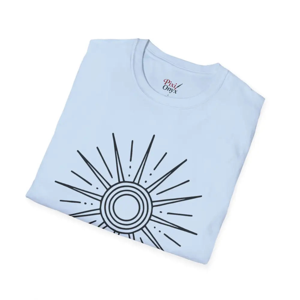 Light blue unisex softstyle T-shirt with black sun graphic, ideal for outdoor adventures