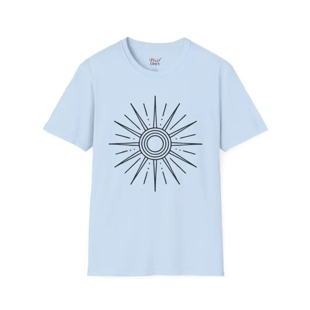 Light blue unisex softstyle T-shirt with sunburst design, ideal for summer and outdoor adventures