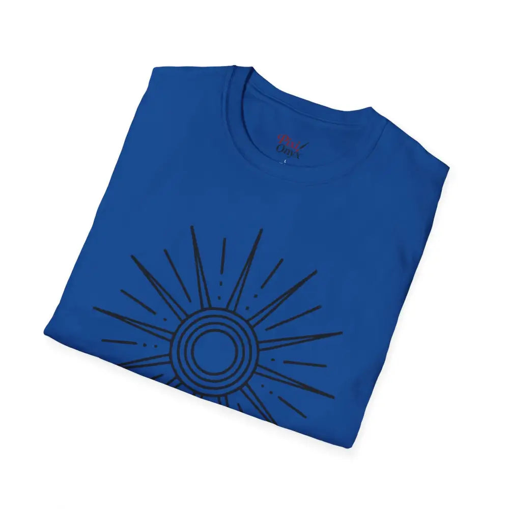 Blue unisex softstyle T-shirt with black sun graphic ideal for summer and outdoor adventures
