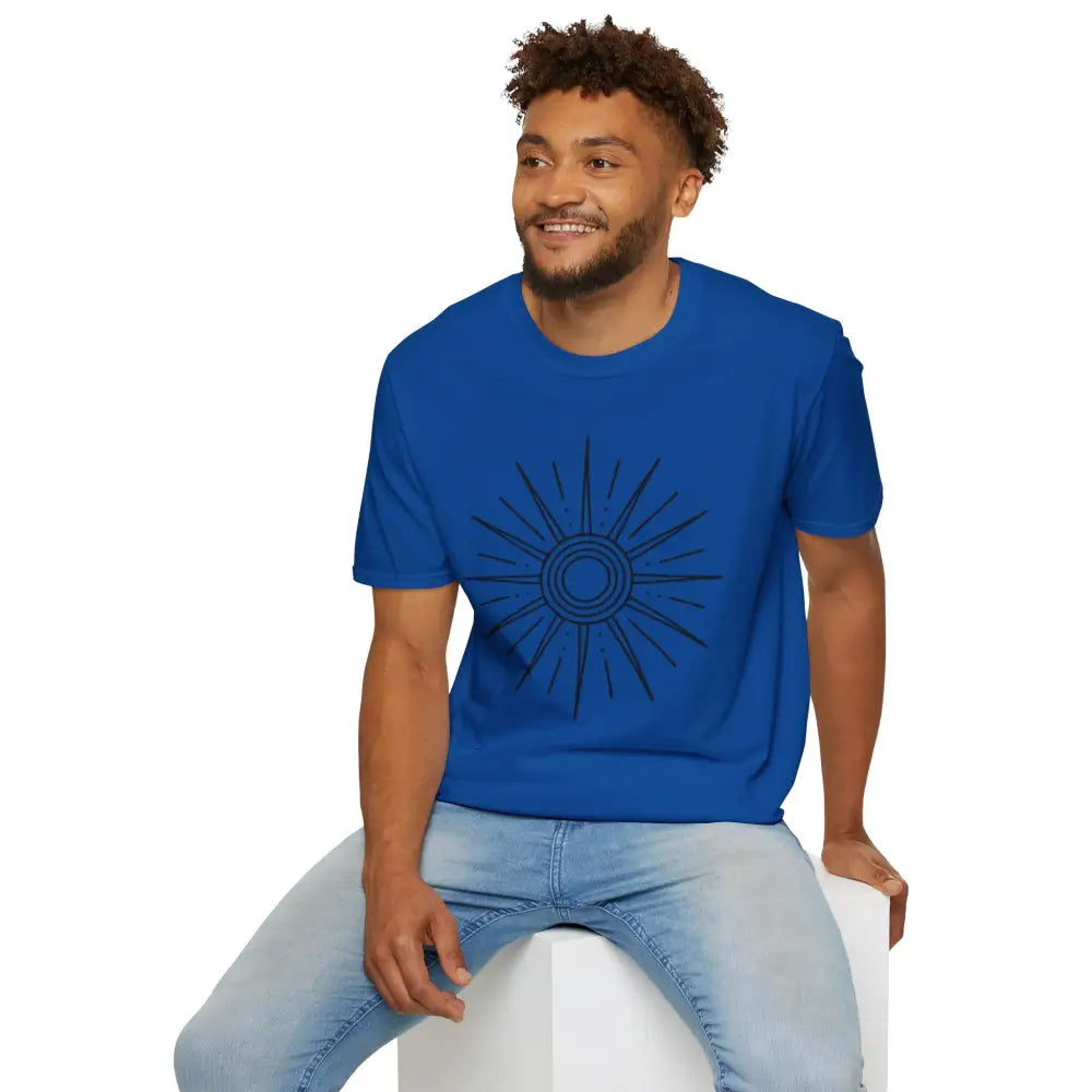 Royal blue unisex softstyle T-shirt with black sunburst graphic, low heat care instructions