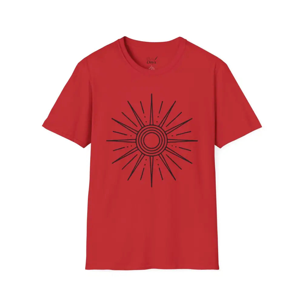 Red unisex softstyle T-shirt with black sun design, ideal for summer and outdoor adventures