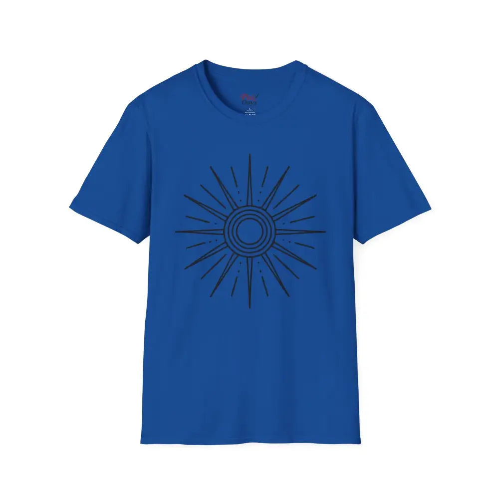 Royal blue unisex softstyle T-shirt with black sunburst graphic, low heat care instructions