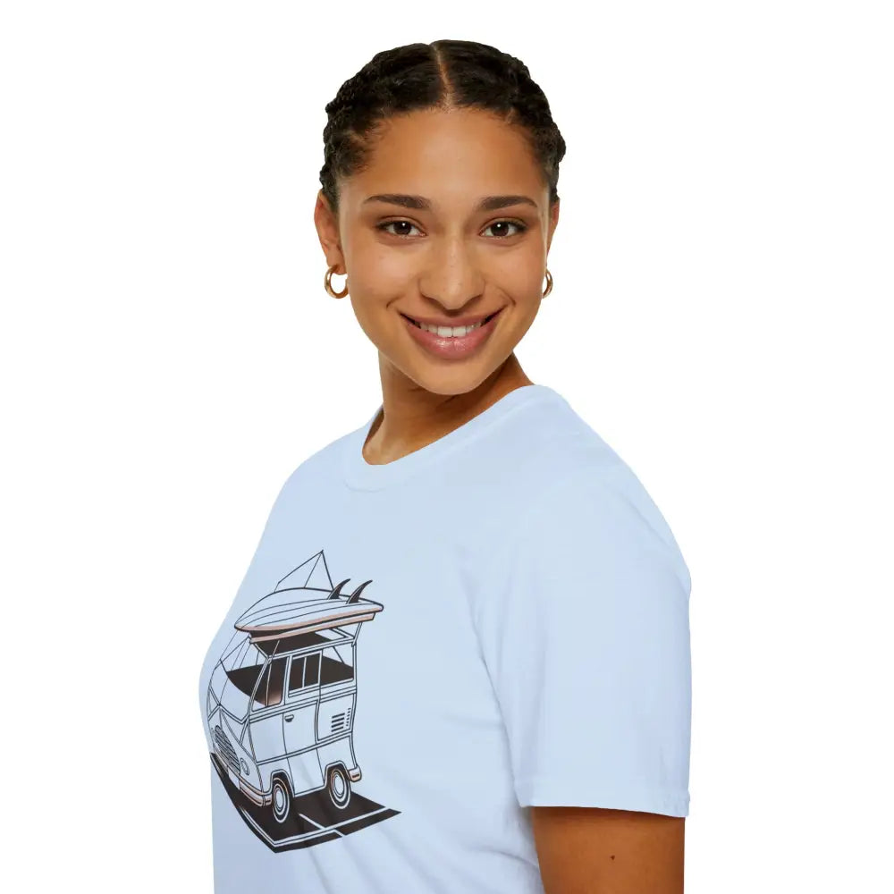 Woman with braided hair and hoop earrings wearing a Surf Van Adventure unisex T-shirt in ring-spun cotton