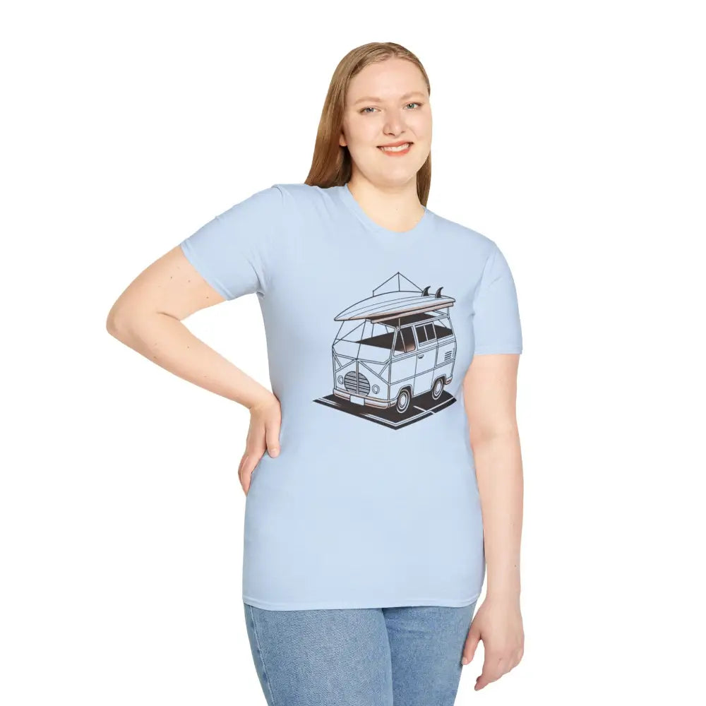 Woman wearing light blue Surf Van Adventure unisex T-shirt with camper van graphic in crew neckline