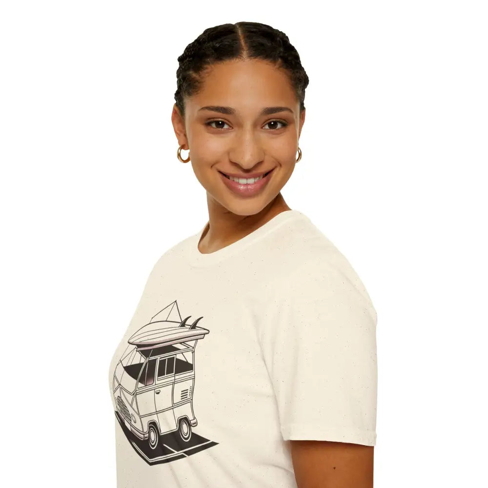 Woman in cream ring-spun cotton surf van graphic t-shirt with classic fit and crew neckline