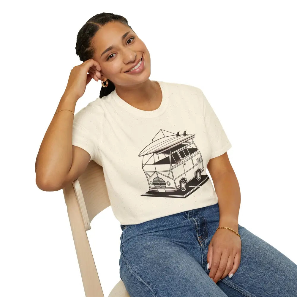 Woman in cream-colored Surf Van Adventure unisex T-shirt with vintage van graphic, ring-spun cotton, classic fit, crew neckline
