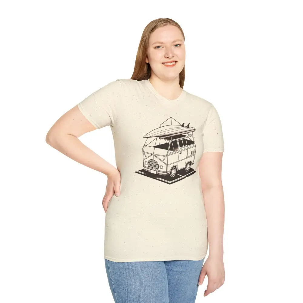 Smiling woman in beige surf van graphic T-shirt with crew neckline and ring-spun cotton