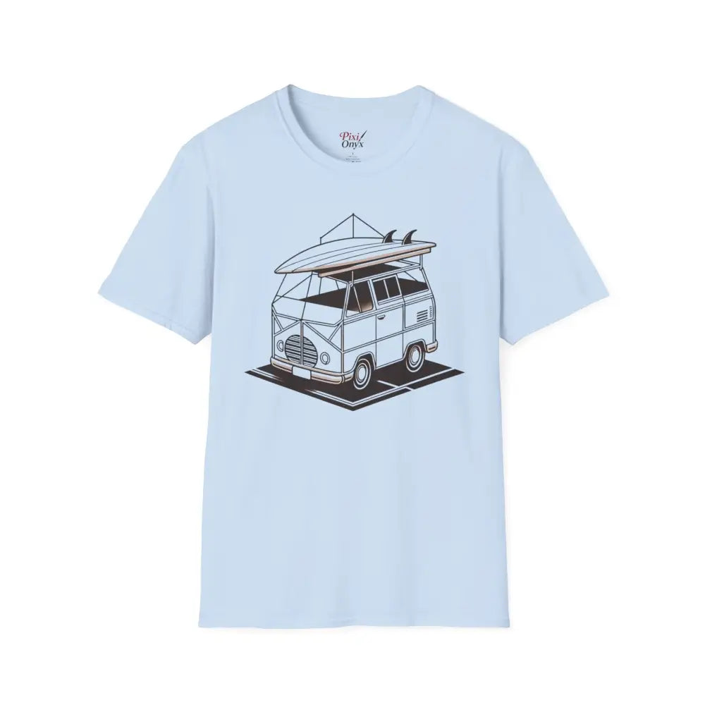 Light blue ring-spun cotton unisex T-shirt with vintage van surf graphic and crew neckline