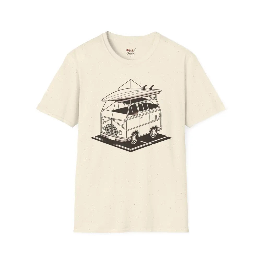 Cream-colored short-sleeve T-shirt with vintage van graphic, ring-spun cotton, classic fit, crew neckline