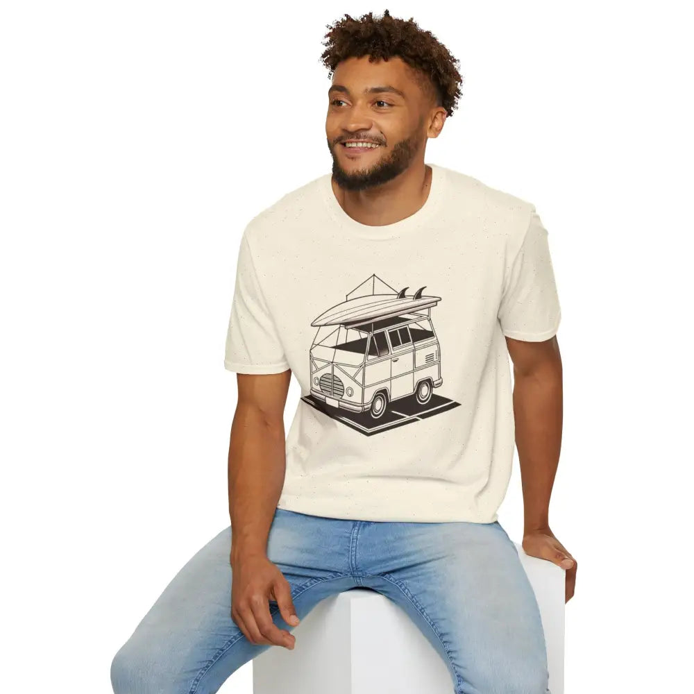 Man wearing vintage camper van design surf van adventure unisex t-shirt in ring-spun cotton