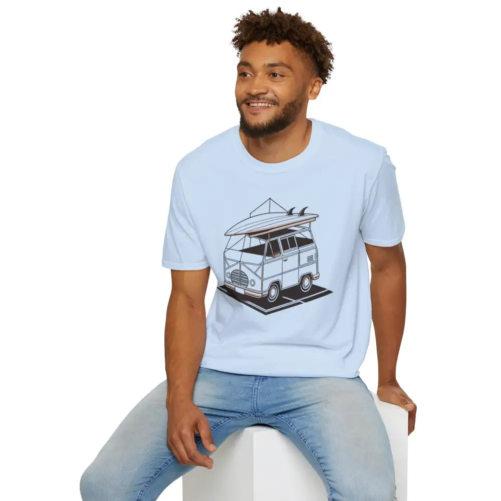 Light blue classic fit crew neckline T-shirt with vintage camper van and surfboards graphic
