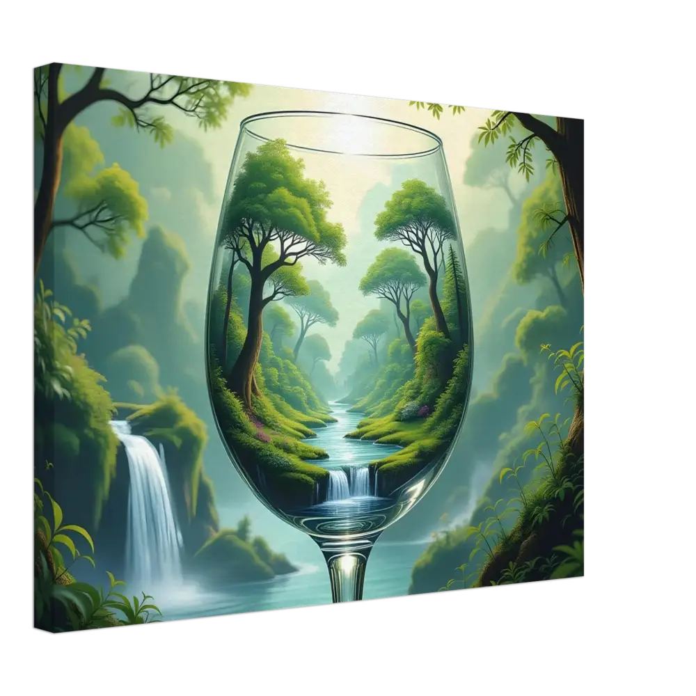 Wine glass with lush forest scene showcasing Surreal Forest Canvas by PixiOnyx Natureflow Wrap