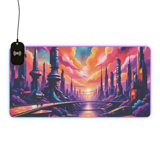 RGB gaming mouse pad with wireless charging and futuristic cityscape design at sunset