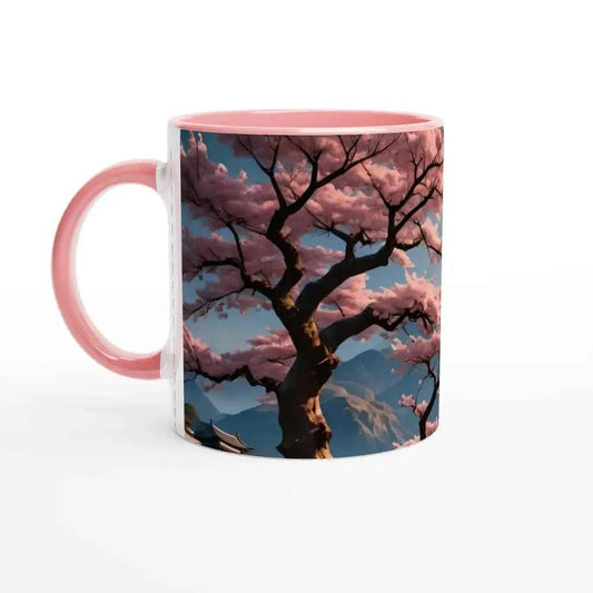 Temple Blossom Serenity – 11oz Pink Handle Ceramic Mug | PixiOnyx