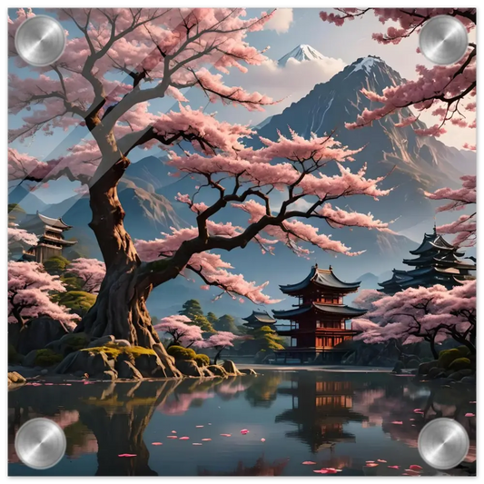Cherry blossom landscape with temples on acrylic glass wall art by PixiOnyx
