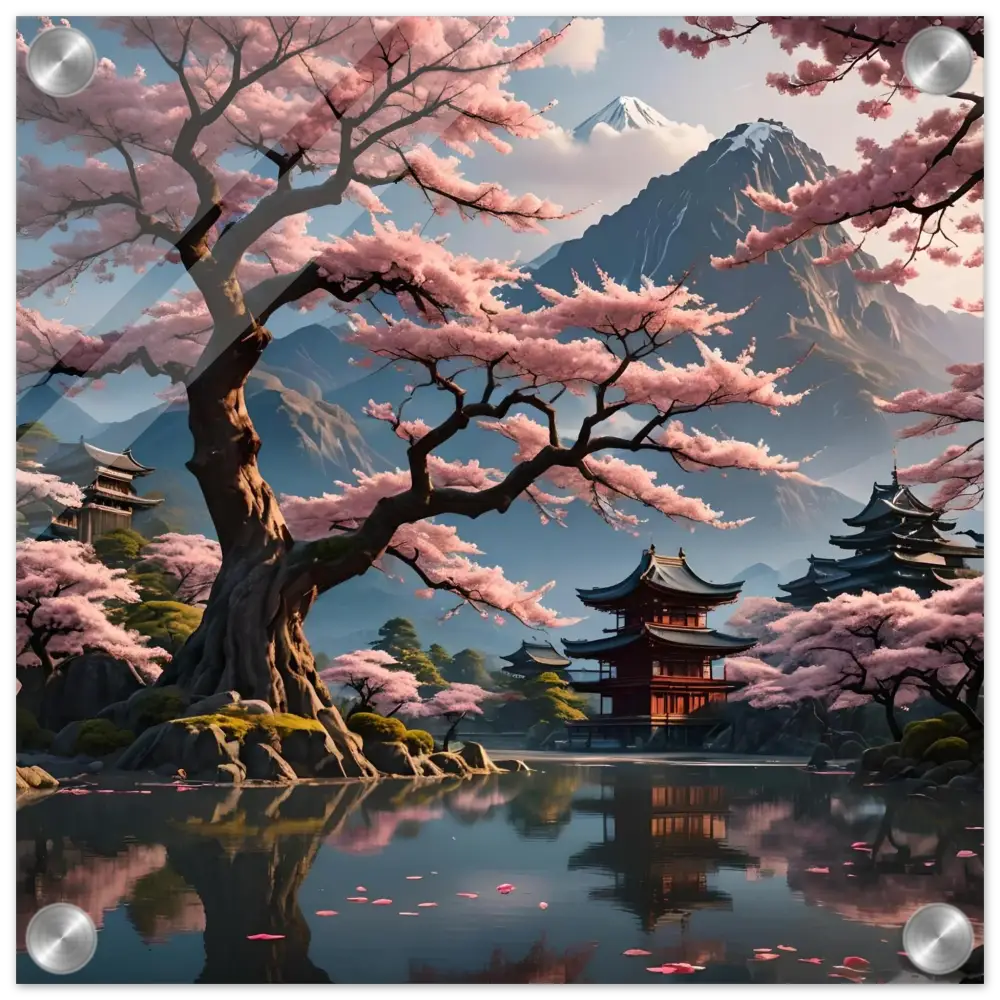 Japanese cherry blossom landscape displayed as Temple Blossom Serenity acrylic glass wall art
