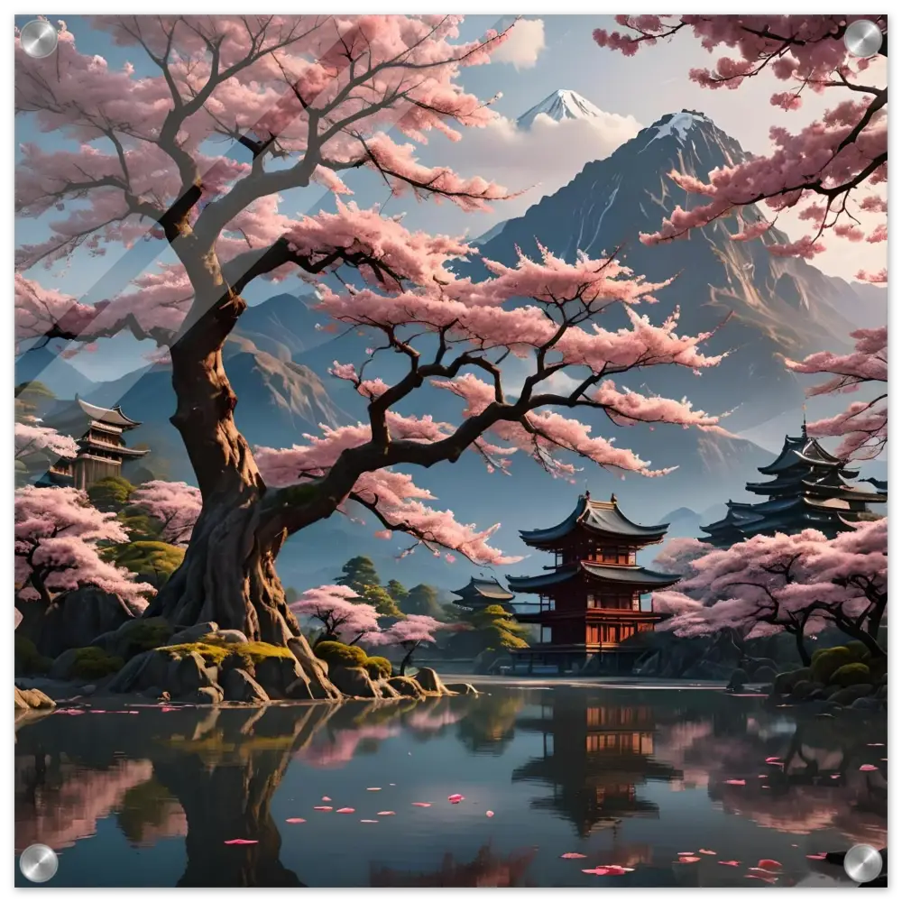 Japanese landscape with cherry blossoms displayed on Temple Blossom Serenity acrylic wall art