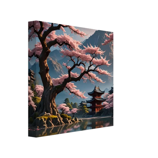Cherry blossom tree and temple painting on Gallery Canvas Wrap by PixiOnyx