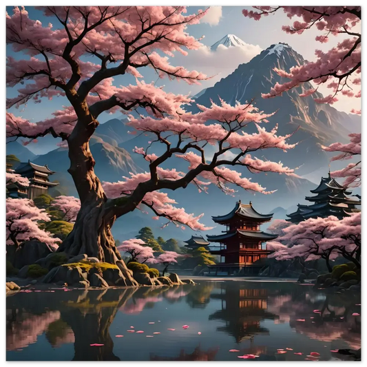 Japanese cherry blossom landscape artwork for Temple Blossom Serenity Fine Art Poster