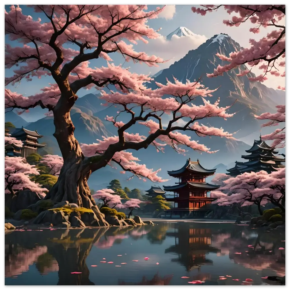Serene Japanese landscape with cherry blossoms displayed on Temple Blossom Serenity metal print