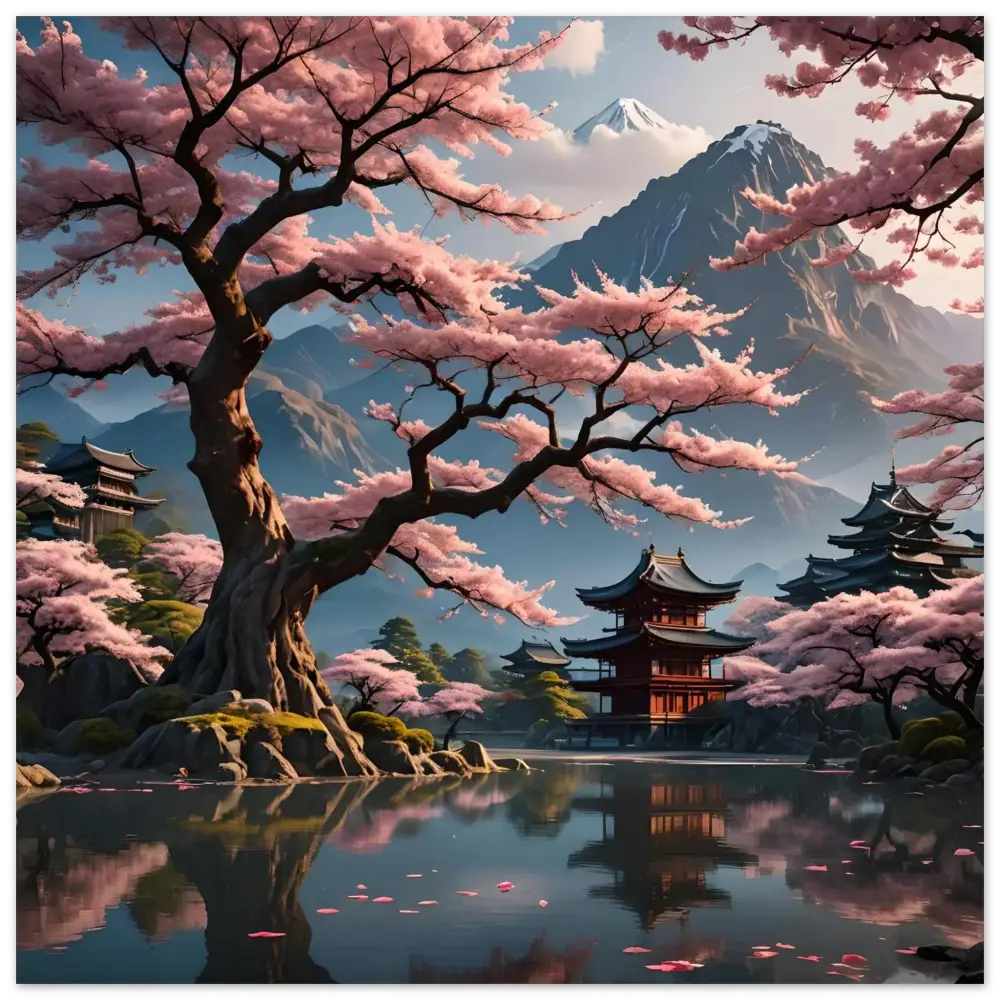 Japanese cherry blossom landscape metal print on aluminum from Temple Blossom Serenity series