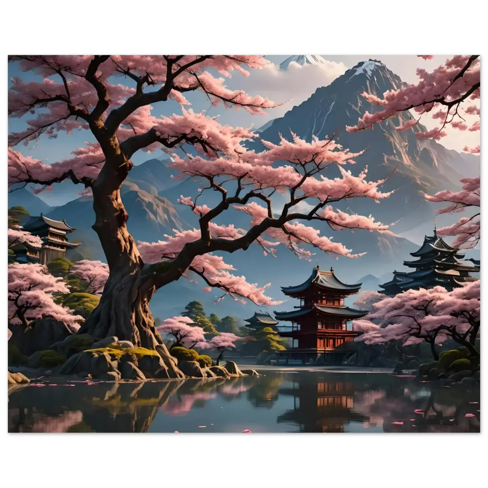 Japanese cherry blossom landscape metal print on aluminum for Temple Blossom Serenity by PixiOnyx