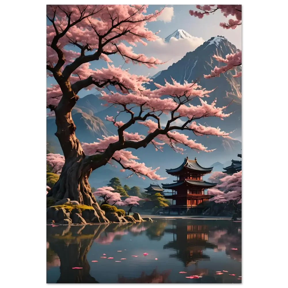 Japanese pagoda surrounded by cherry blossoms on metal print titled Temple Blossom Serenity