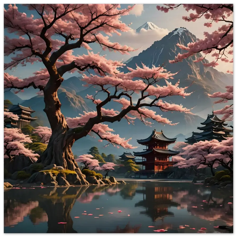 Japanese cherry blossom landscape wall print for serene Temple Blossom Serenity decor