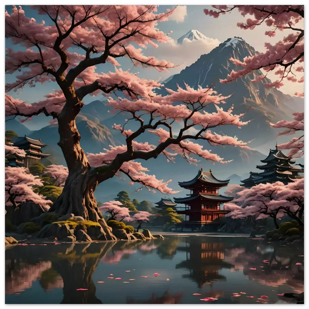 Cherry blossom landscape with temples on Wood Wall Print Temple Blossom Serenity by PixiOnyx