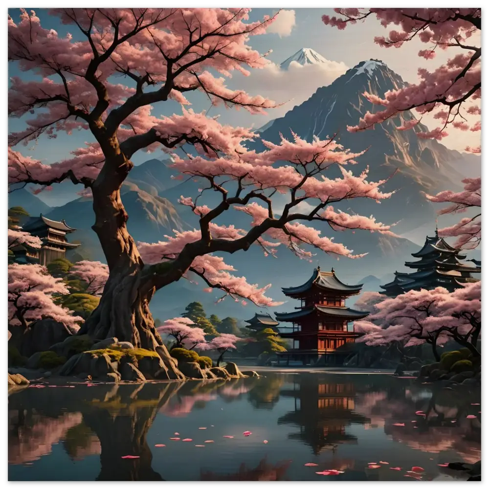 Japanese cherry blossom landscape wood wall print from Temple Blossom Serenity by PixiOnyx
