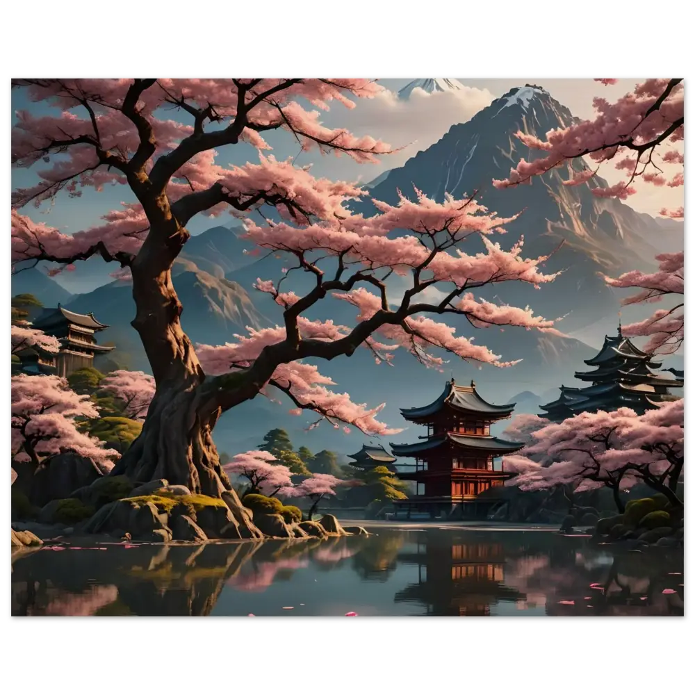 Japanese cherry blossom landscape wood wall print from Temple Blossom Serenity by PixiOnyx