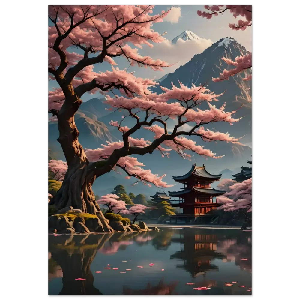 Japanese cherry blossom landscape wood wall print for a serene temple ambiance