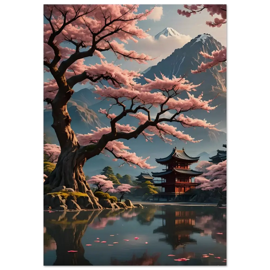 Japanese cherry blossom landscape wood wall print for a serene temple ambiance