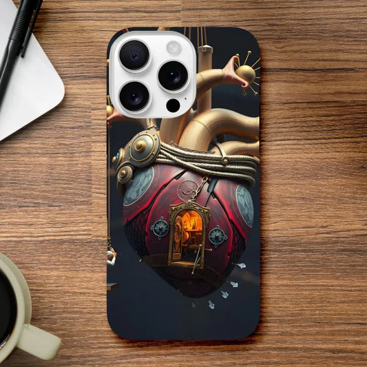 Steampunk heart phone case for iPhone featuring mechanical heart armor design