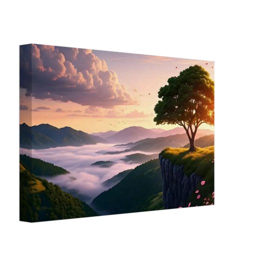 Serene mountain landscape canvas print titled The Edge of Dawn by PixiOnyx Landscape Art