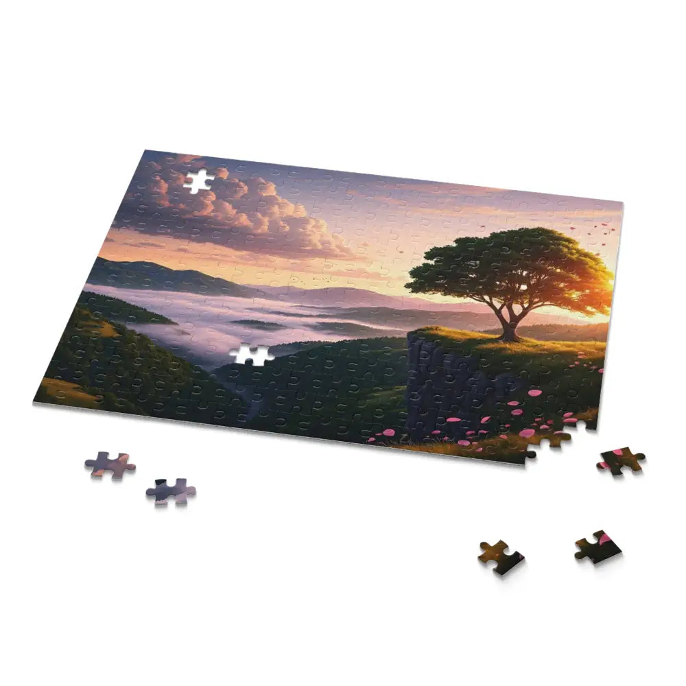 Serene landscape puzzle with missing pieces from The Edge of Dawn Jigsaw Puzzle by PixiOnyx