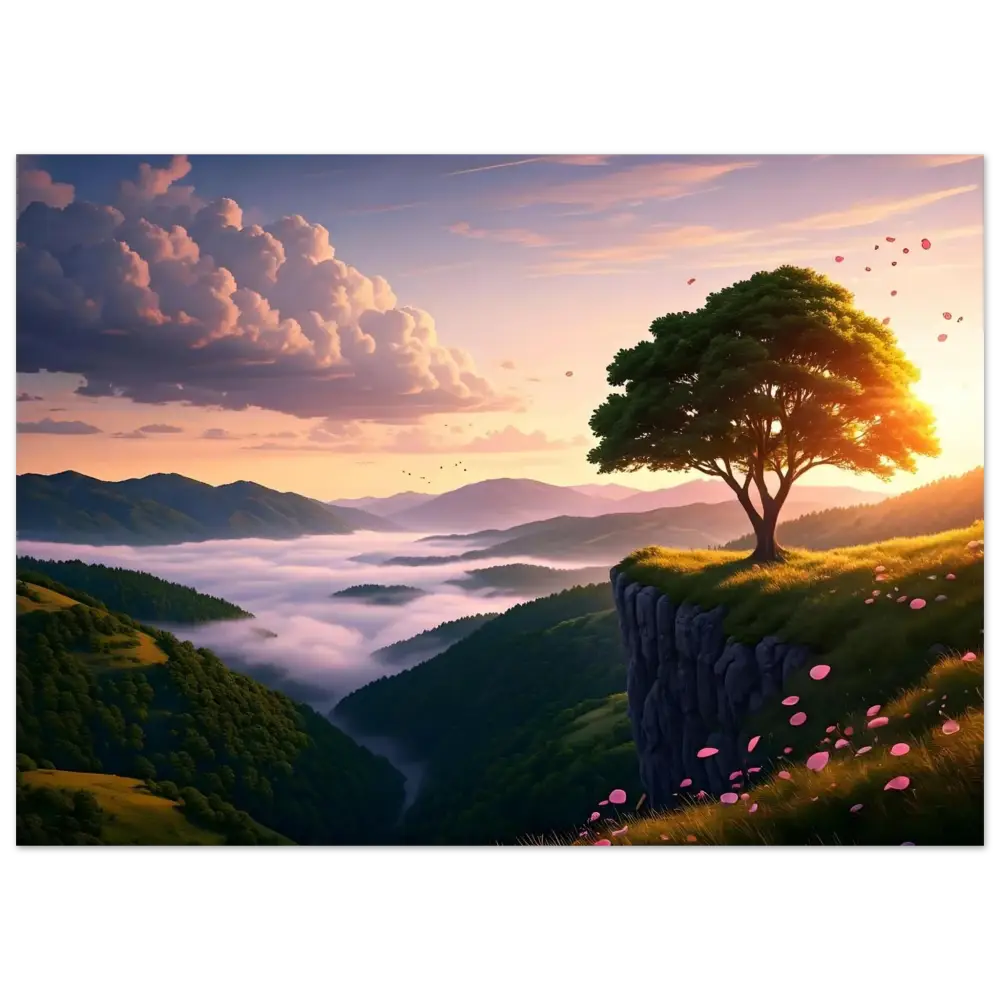 Lone tree on a cliffside at sunrise in The Edge of Dawn Poster by PixiOnyx Fine Art Print