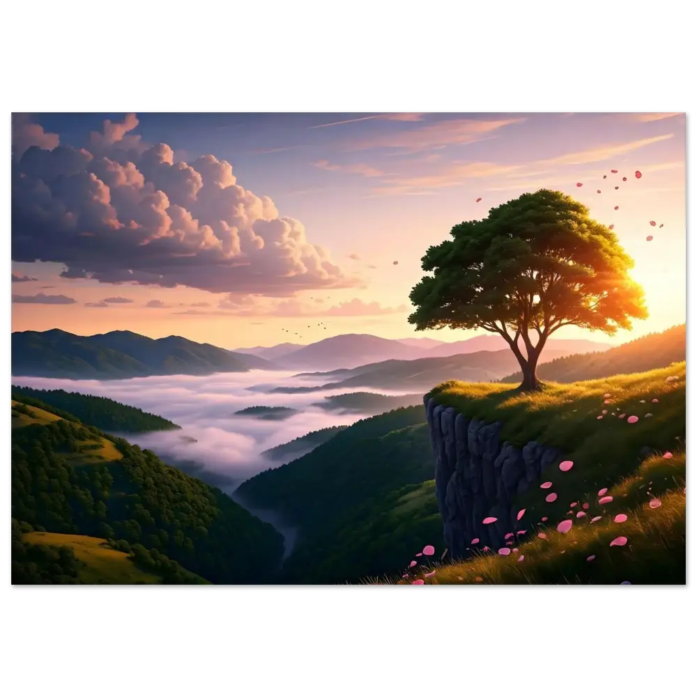 Scenic cliffside tree at sunrise for The Edge of Dawn Poster PixiOnyx Fine Art Print