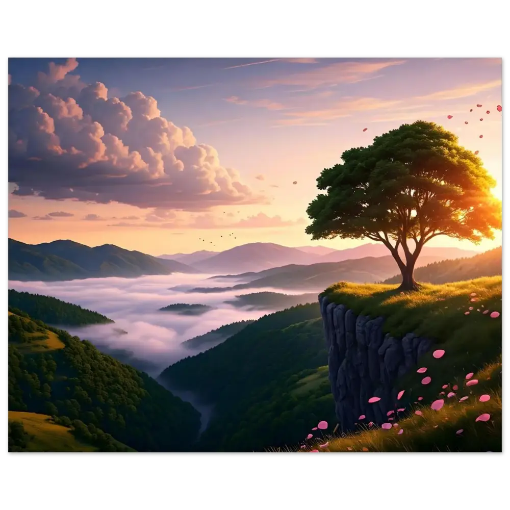 Solitary tree on a cliffside at sunrise for The Edge of Dawn Poster PixiOnyx Fine Art Print