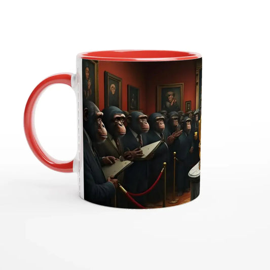Red-handled mug featuring a chimpanzee art gallery scene from The Golden Throne 11oz Color Mug