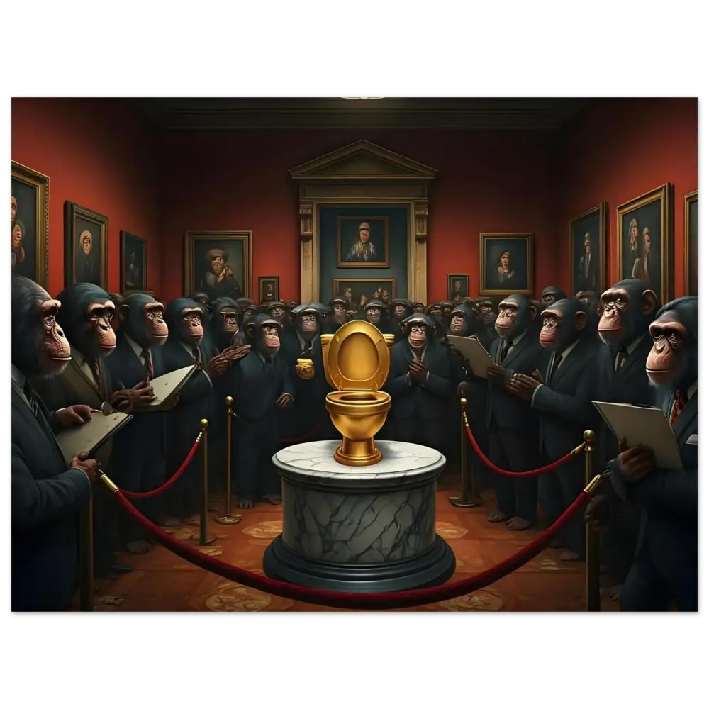 Golden toilet displayed on The Golden Throne Aluminum Print by PixiOnyx Metallic Satire Wall Art