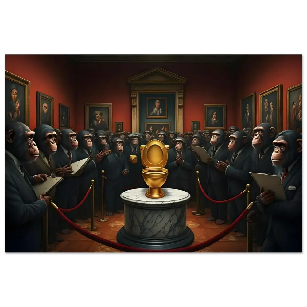 Golden toilet displayed on The Golden Throne Aluminum Print by PixiOnyx Metallic Satire Wall Art