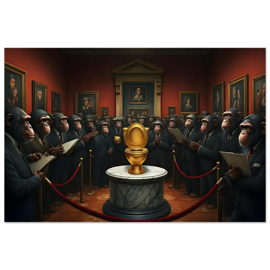 Golden toilet displayed on The Golden Throne Aluminum Print by PixiOnyx Metallic Satire Wall Art