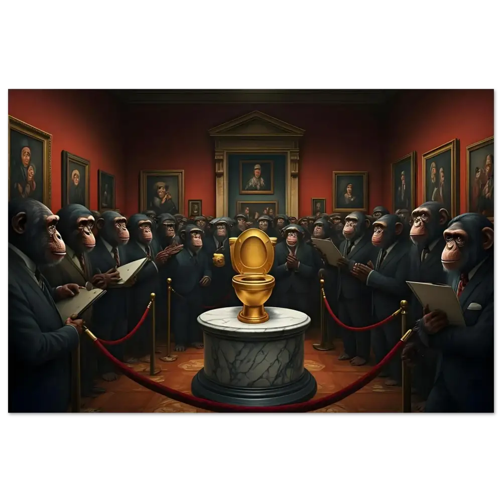 Golden toilet displayed on The Golden Throne Aluminum Print PixiOnyx Metallic Satire Wall Art