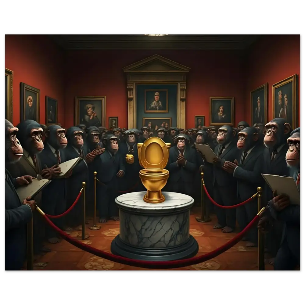 Golden toilet displayed in The Golden Throne Aluminum Print PixiOnyx Metallic Satire Wall Art