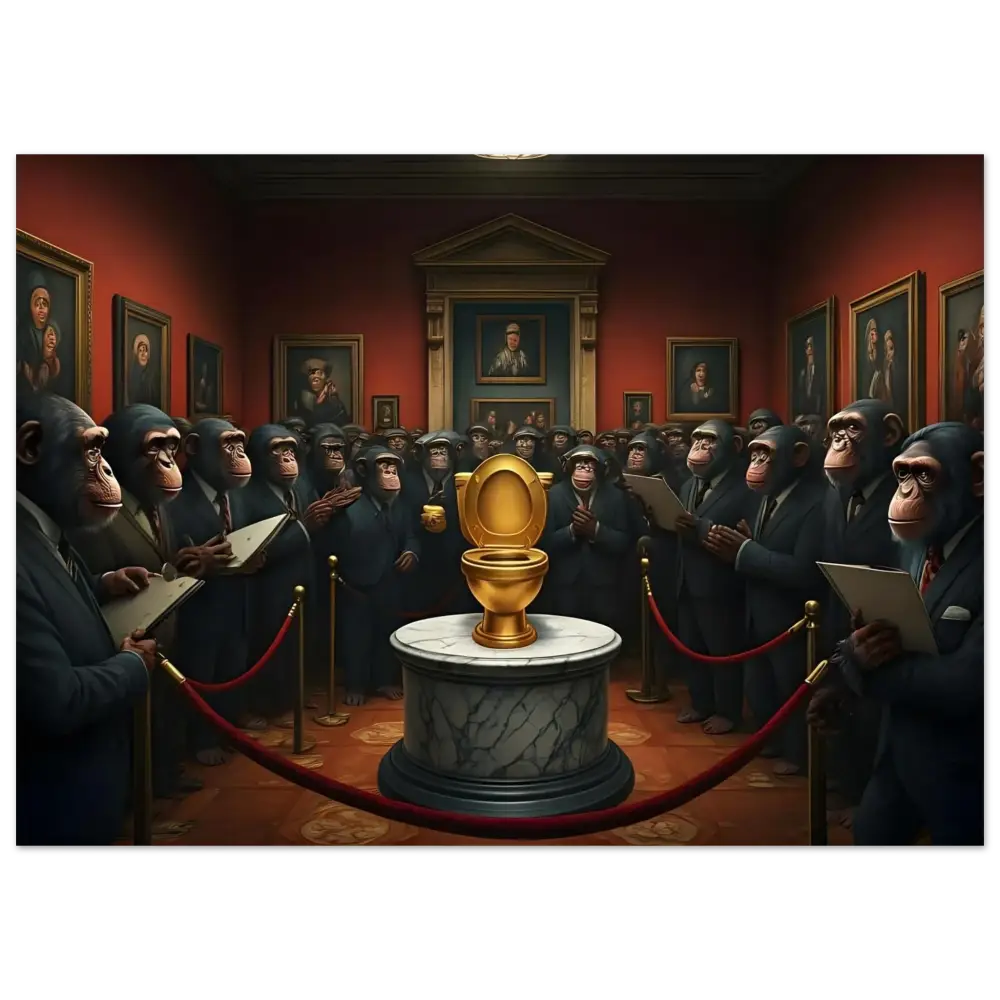 Golden toilet displayed as The Golden Throne Aluminum Print PixiOnyx Metallic Wall Art