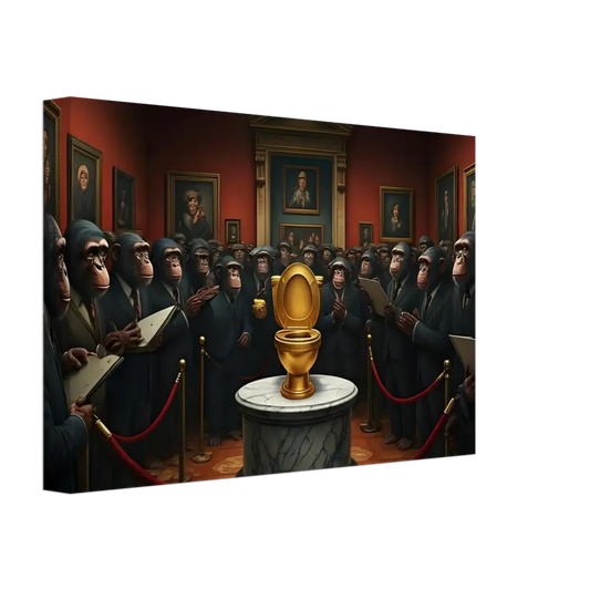 Golden toilet displayed on The Golden Throne Canvas by PixiOnyx Absurdist Museum Wrap
